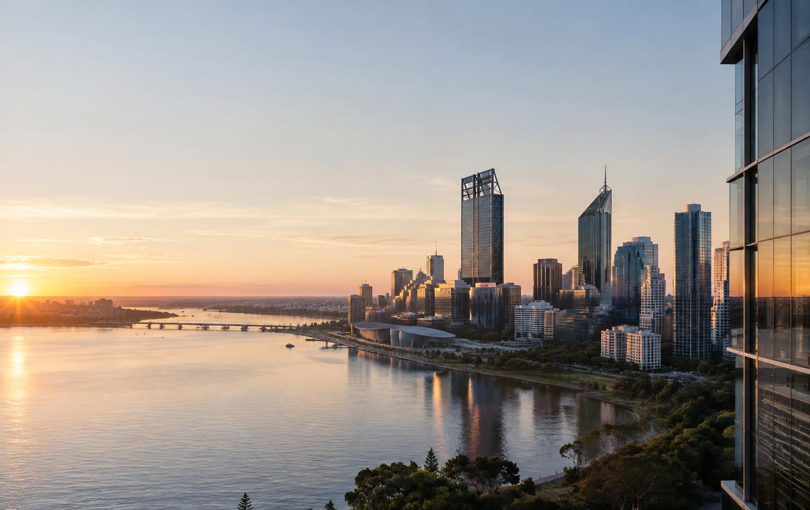 Perth city skyline across the Swan River at dawn